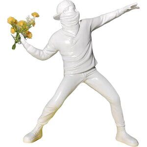 Matte Finish Antique Style Throwing Flower Boy-white Decorative Statue for Home